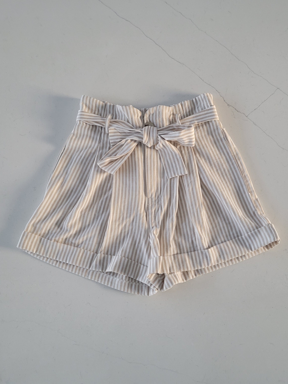 Good Luck Gem Beige and White Striped High Waist Paperbag Shorts with Tie